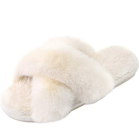 

Women s Cross Band Slippers Soft Plush Furry Cozy Open Toe House Shoes Indoor Outdoor Faux Rabbit Fur Warm Comfy Slip On Breathable Cream 7-8