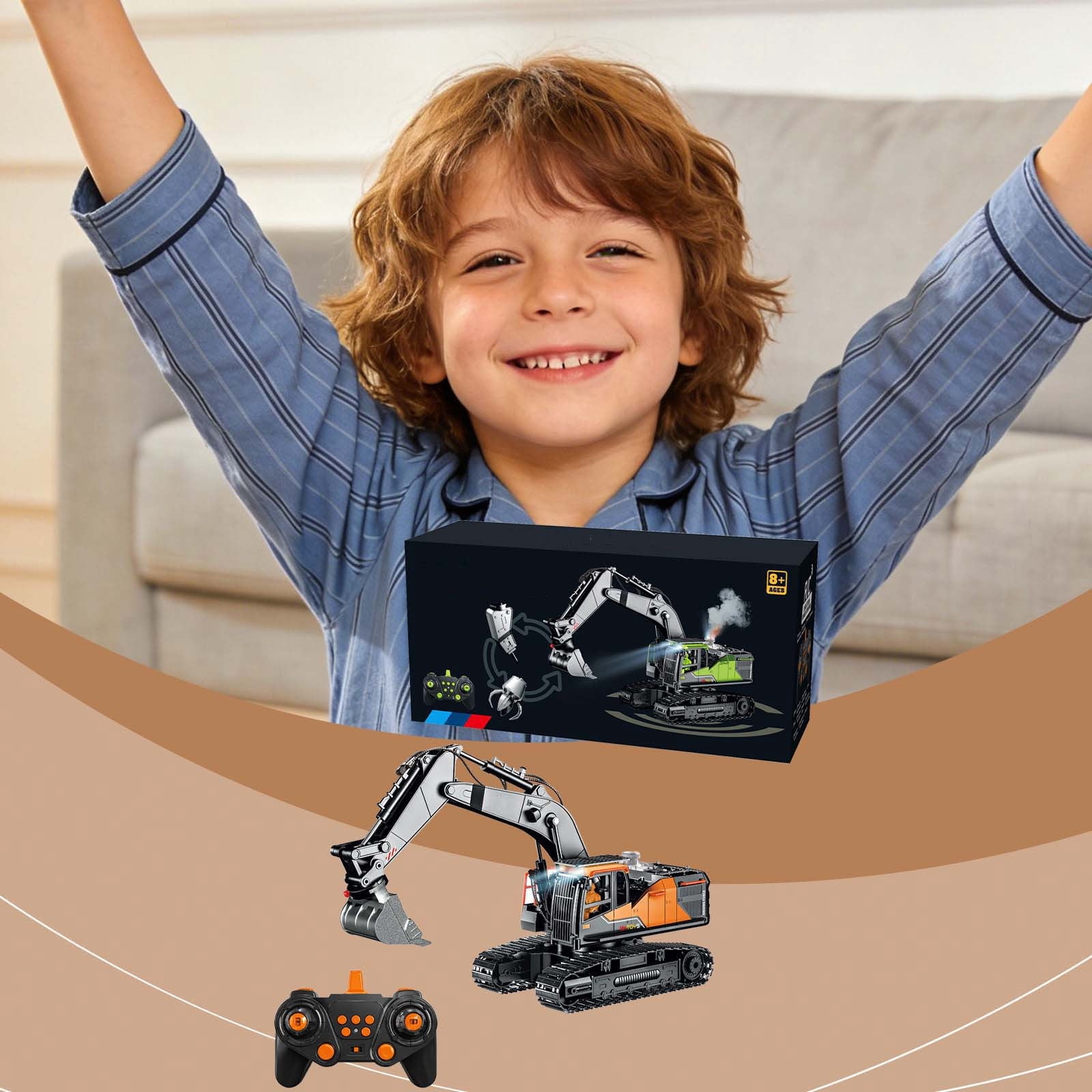 6 Channel Remote Control Excavator Toy Construction Vehicle with Light Rechargeable Crawler for Boys Girls Age 8 Plus Sand Dirt Grass Play Birthday Gift STEM Learning for Construction Play Set