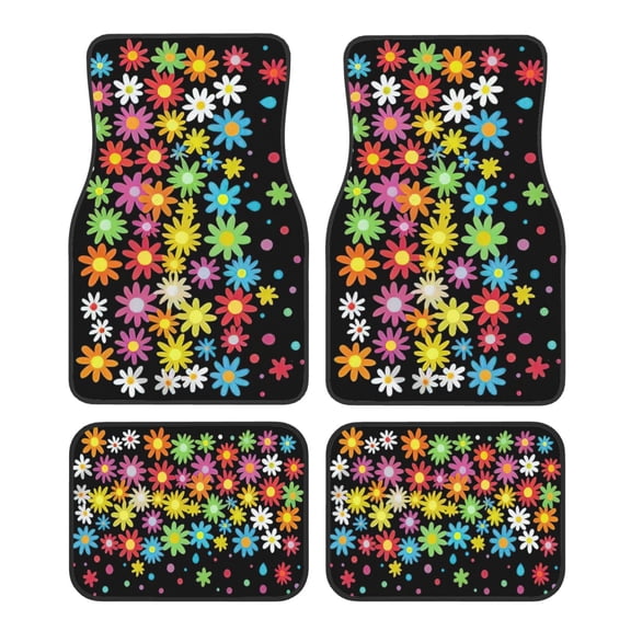 KAKALAD Retro Daisy Floral Rainbow 01 Car Floor Mats 4PC Set Carpet Protection, Universal Fit for Car SUV VA & Truck, Vehicle Front & Rear