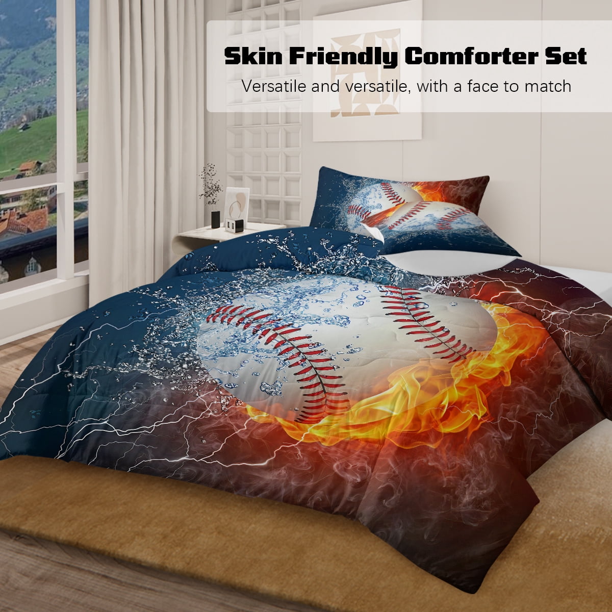 BlessLiving Full Comforter Set, 3 Pieces Sport Bedding Set for Kids Boys Teens Baseball Comforter Set