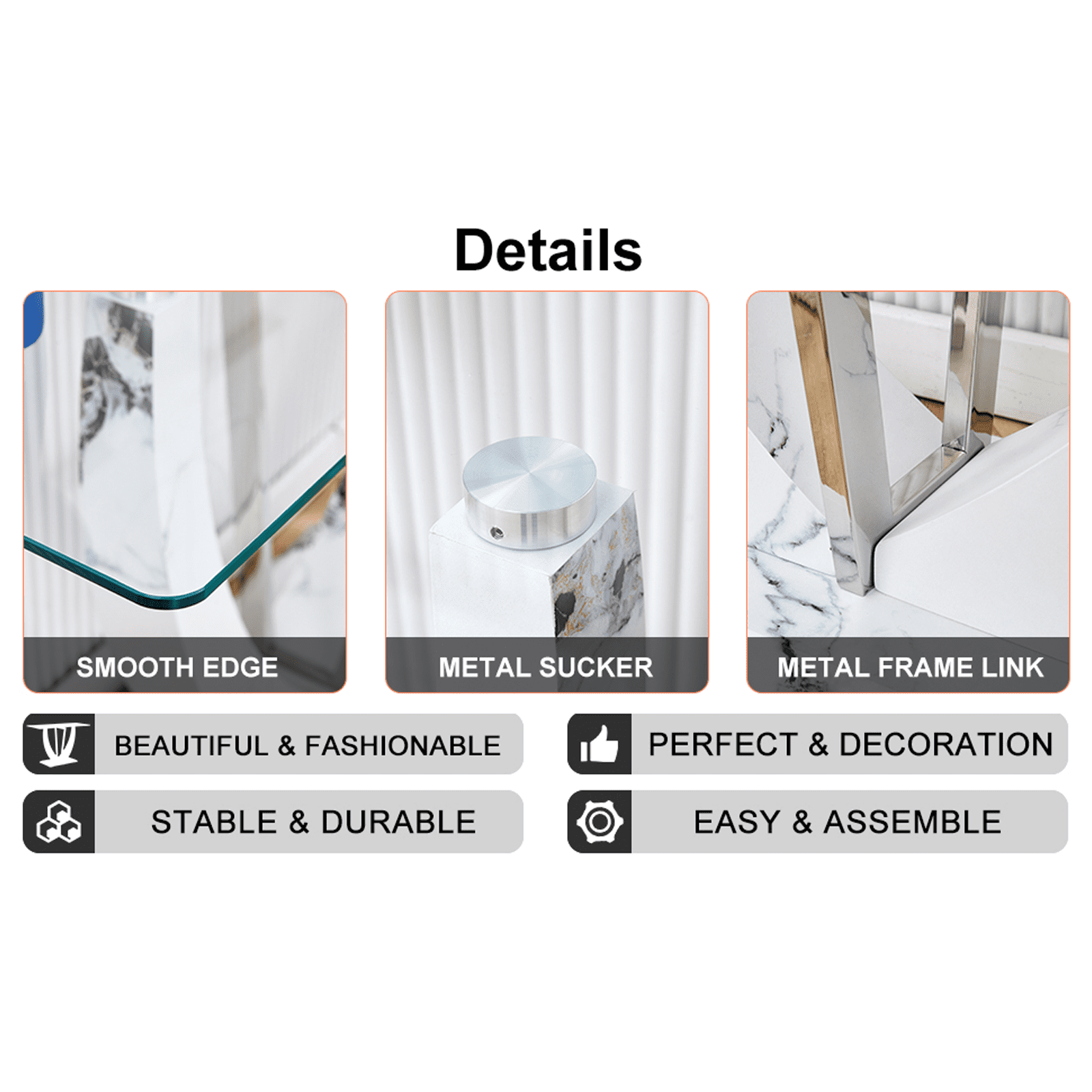Modern Entryway Table, Glass Entrance Sofa Table with Oval Frames and White Marbling MDF Base, Tempered Glass Console Table for Living Room, Entryway, Hallway, Bedroom (White Marbling, Clear Glass)