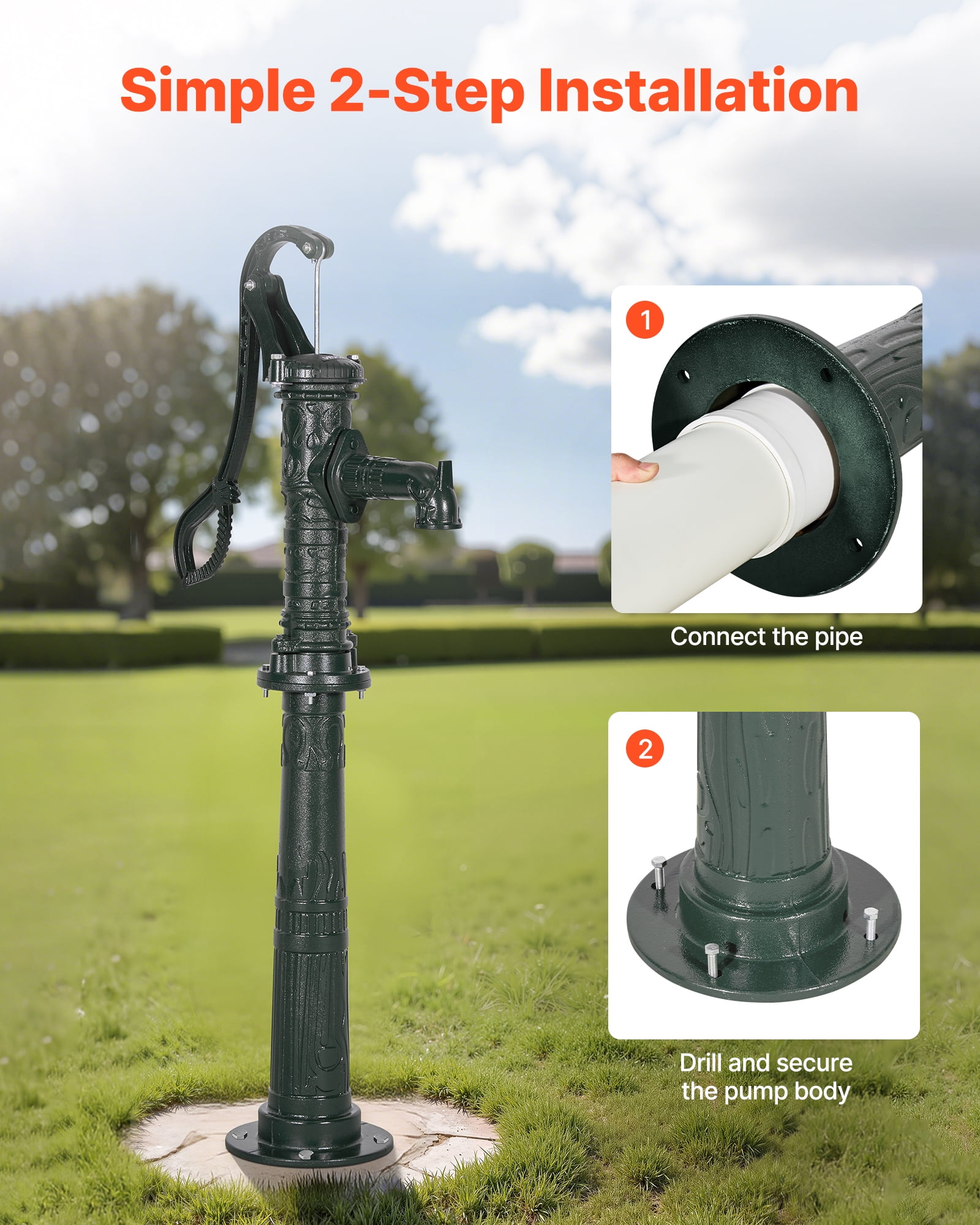 VEVOR Well Hand Pitcher Pump, 20 ft Max Lift, Antique Cast Iron Manual Hand Water Pump with Heightening Base, NPT 1-1/4 in Connection, Easy Installation, for Outdoor Garden, Pond, Yard, Farm, Green