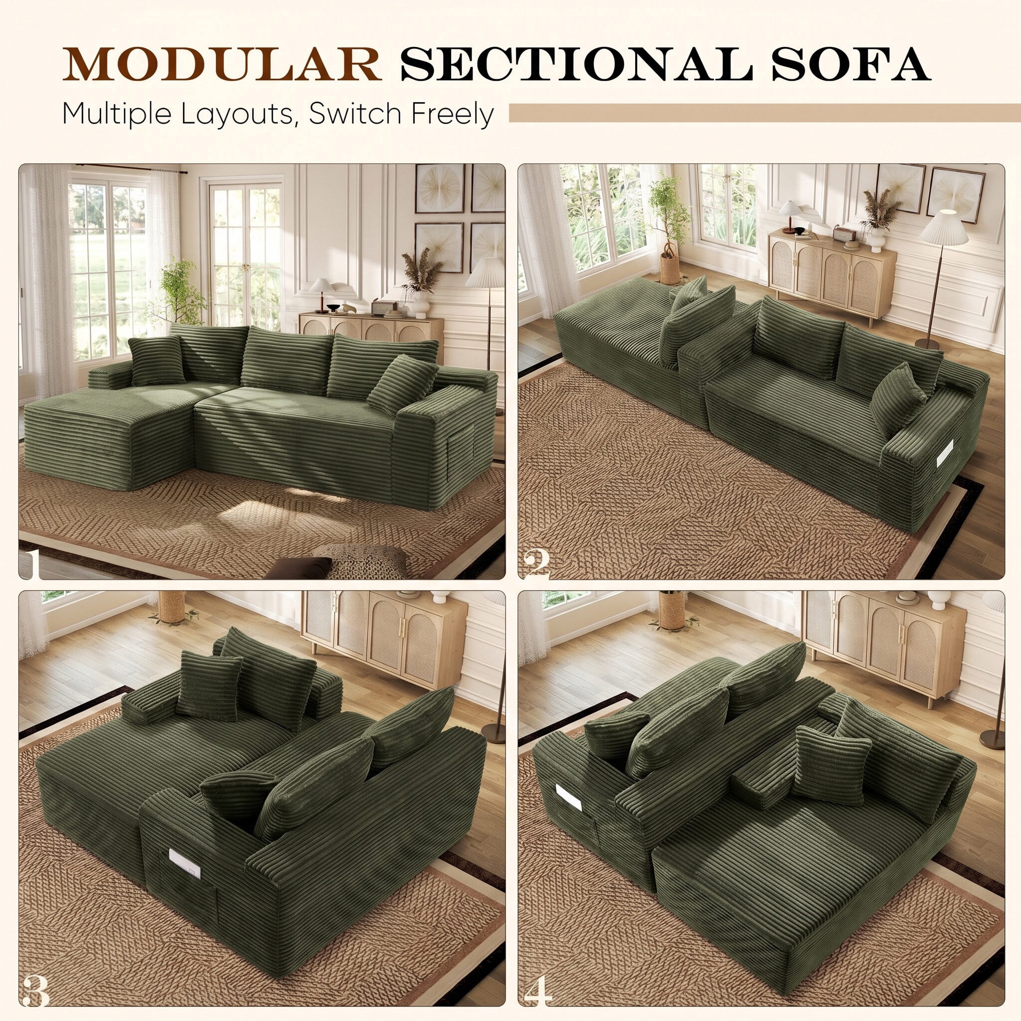 Lunale Small Modular Sectional Sofa with Movable Chaise, L-Shaped Boneless Cloud Couch for Living Room, Green (Left Facing Chaise)