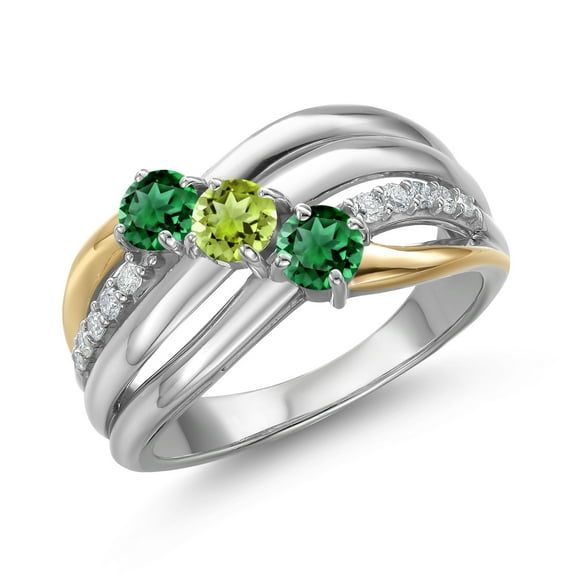 Gem Stone King 925 Silver and 10K Yellow Gold Green Nano Emerald and Green Peridot and Lab Grown Diamond Engagement Ring for Women | 1.05 Cttw | Round 4MM | May Birthstone | Size 9