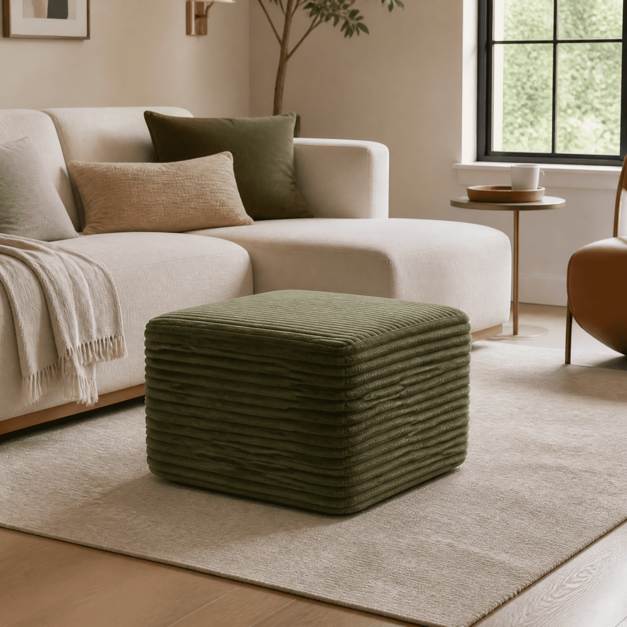 Ribbed Corduroy Square Ottoman, Compression Shipped Multifunctional Footrest, Stain-Resistant Pet-Friendly Accent Stool for Living Room Bedroom Apartment