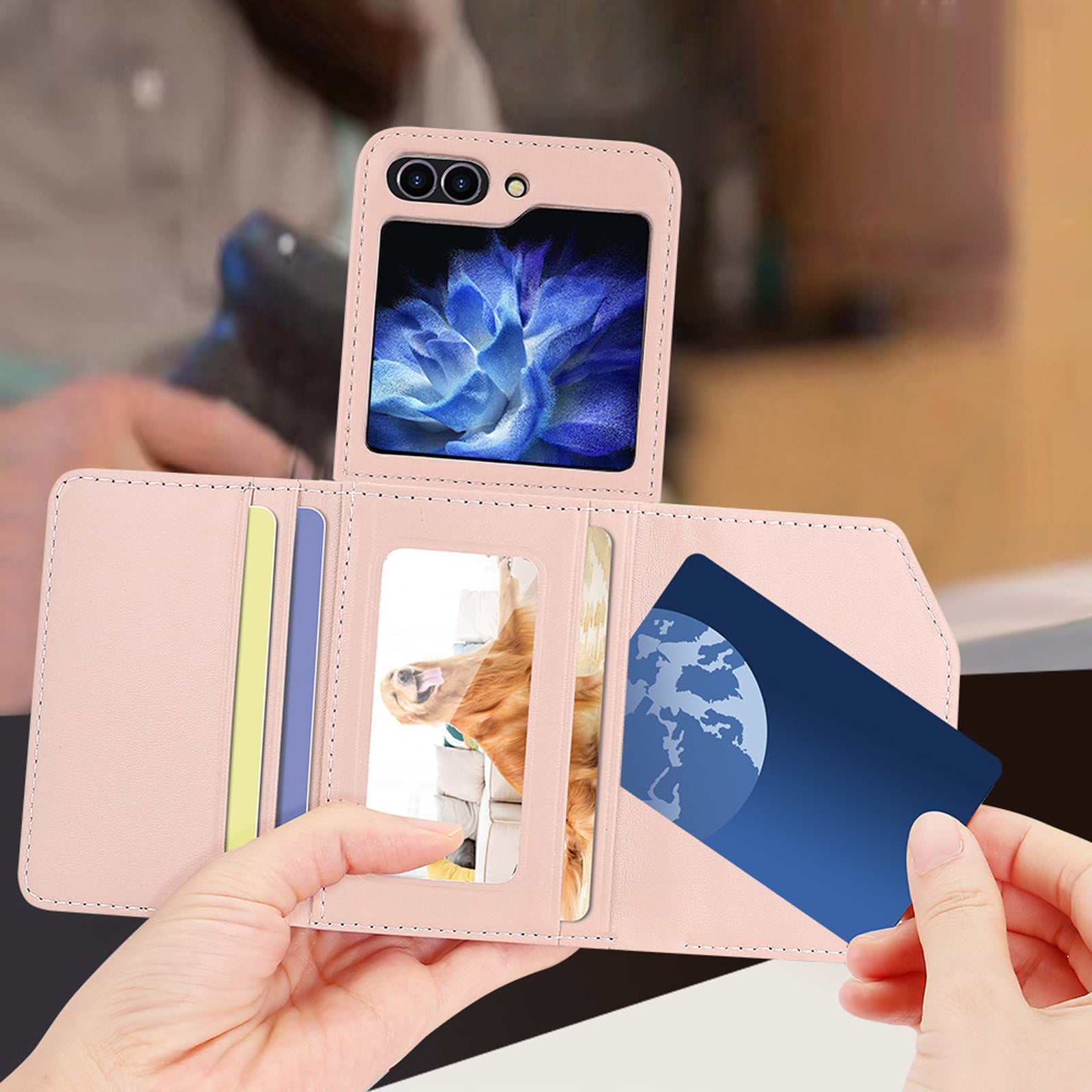 ELEHOLD Leather Wallet Case For Samsung Galaxy Z Flip 4, PU Leather Crossbody Strap Card Slots Drop Protective Phone Case Hinge Cover, Stand Feature, Pink