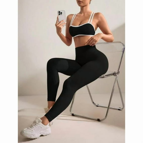 AEXTO Women's Solid Crop Sports Bra & High Waist Leggings Two-piece Set, Breathable Comfortable Sports Outfits for Gym Workout Running, Ladies Sportswear for All Seasons