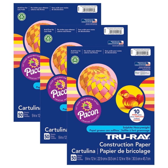 Papel De Construcción Tru-Ray Warm Surtido 12" X 18" 50 Hojas Por Paquete 3 Paquetes