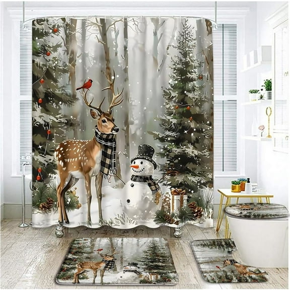 4 Piece Winter Forest Shower Curtain Set with Rugs, Toilet Lid Cover , Cartoon Christmas Snowman Deer Xmas Tree Red Birds Snowflake Rustic Cabin Animal Farmhouse Bathroom Shower Curtain with Hooks