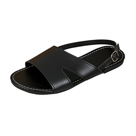 

Quealent Adult Women Sandal Massage Sandals Women Ladies Fashion Summer Solid Color Leather Buckle Flat Shoes for Women Sandals Comfortable Wide Black 8