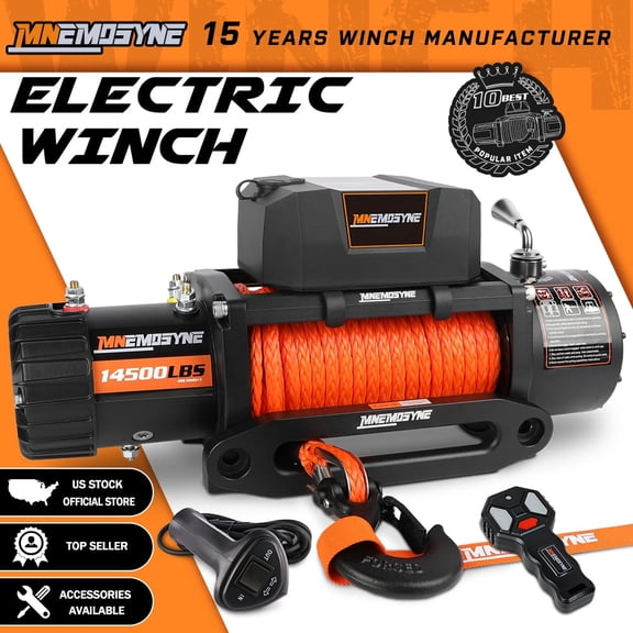 MNEMOSYNE Electric Winch 14500LB Electric Truck Winch 12V With Synthetic Rope Fairlead Wireless remote Wired Handle & Infrared Winc for Off Road 4WD 4X4 SUV Boat Trailer