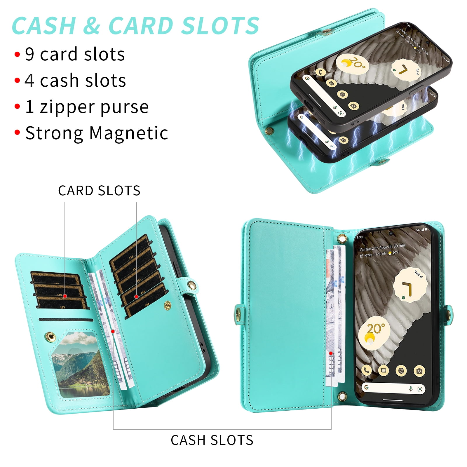 Asuwish Phone Case for Google Pixel 7 Pro 5G Zipper Wallet Detachable Cell Cover with Tempered Glass Screen Protector Crossbody Lanyard Strap Bling Glitter Flip Card Holder Slot Pixel7Pro 7XL Green