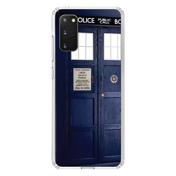 DistinctInk Clear Shockproof Hybrid Case for Galaxy S20 PLUS / 5G (6.7" Screen) - TPU Bumper, Acrylic Back, Tempered Glass Screen Protector - TARDIS Police Call Box