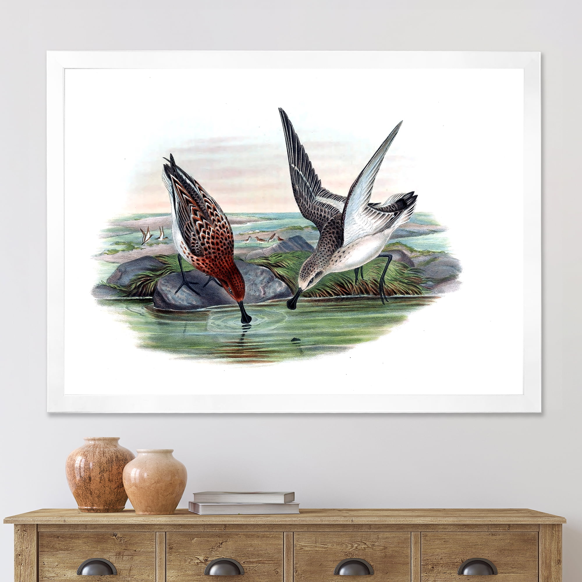 Designart 'Vintage Countryside Two Birds In Lake' Farmhouse Framed Art Print