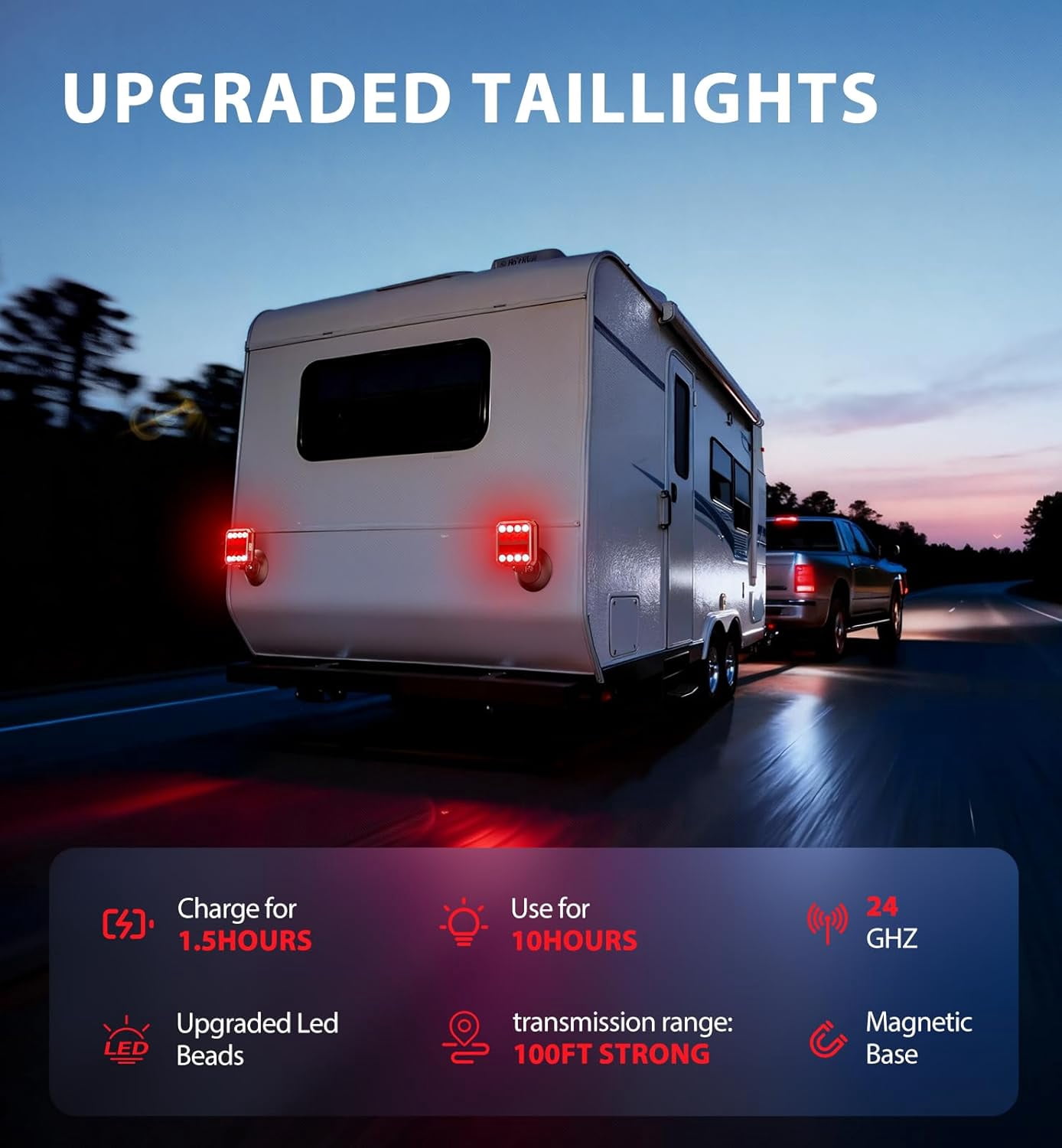 Wireless Magnetic LED Trailer Light Kit, IP67 Waterproof, 100FT Range, USB-C Fast Charging