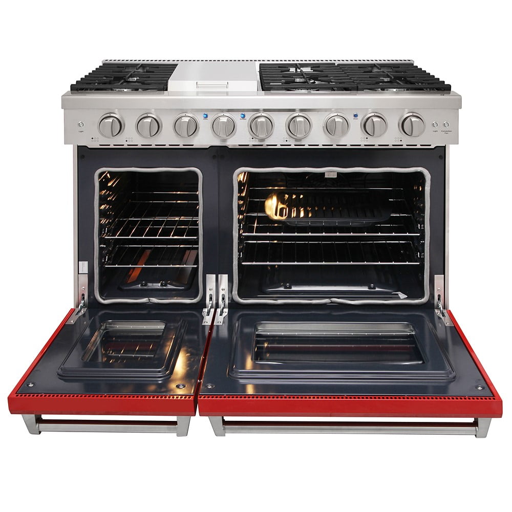 Kostch 48in Propane Gas Range with 6 sealed burners and 1 griddle, Range oven in Stainless Steel, Red