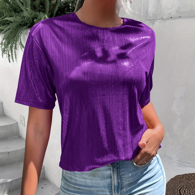 Soki Hauts à Paillettes pour Femmes Couleur Unie Col Rond Manches Courtes