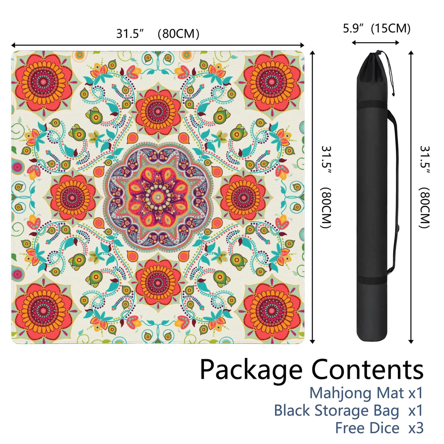 Paisley Mahjong Mat for Table, 31.5*31.5in Anti Slip American Mahjong Table Cloth, Noise Reduction, Neoprene Mah jongg Mat with Carrying Bag & 3 Dices, Mahjong Accessories Gift, Board Tile Games Mats