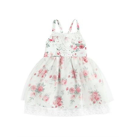 

Canrulo Summer Princess Kids Girls Dress Clothing 2 Colors Sleeveless Mesh Lace Flowers Printed Tutu Sundress Pink 18-24 Months