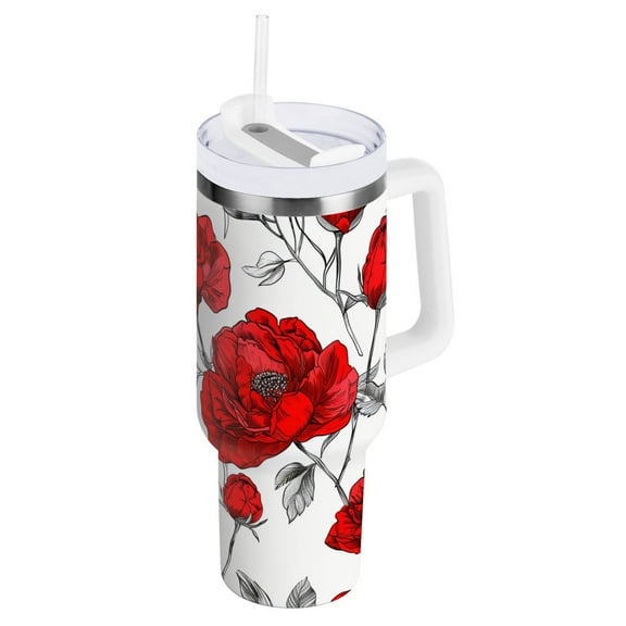 JSTEL Red Peony Flowers 40 oz Tumbler Stainless Steel Water Bottle Vacuum Insulated Cup with Straw Lid & Handle For Travel Car Cup Holder