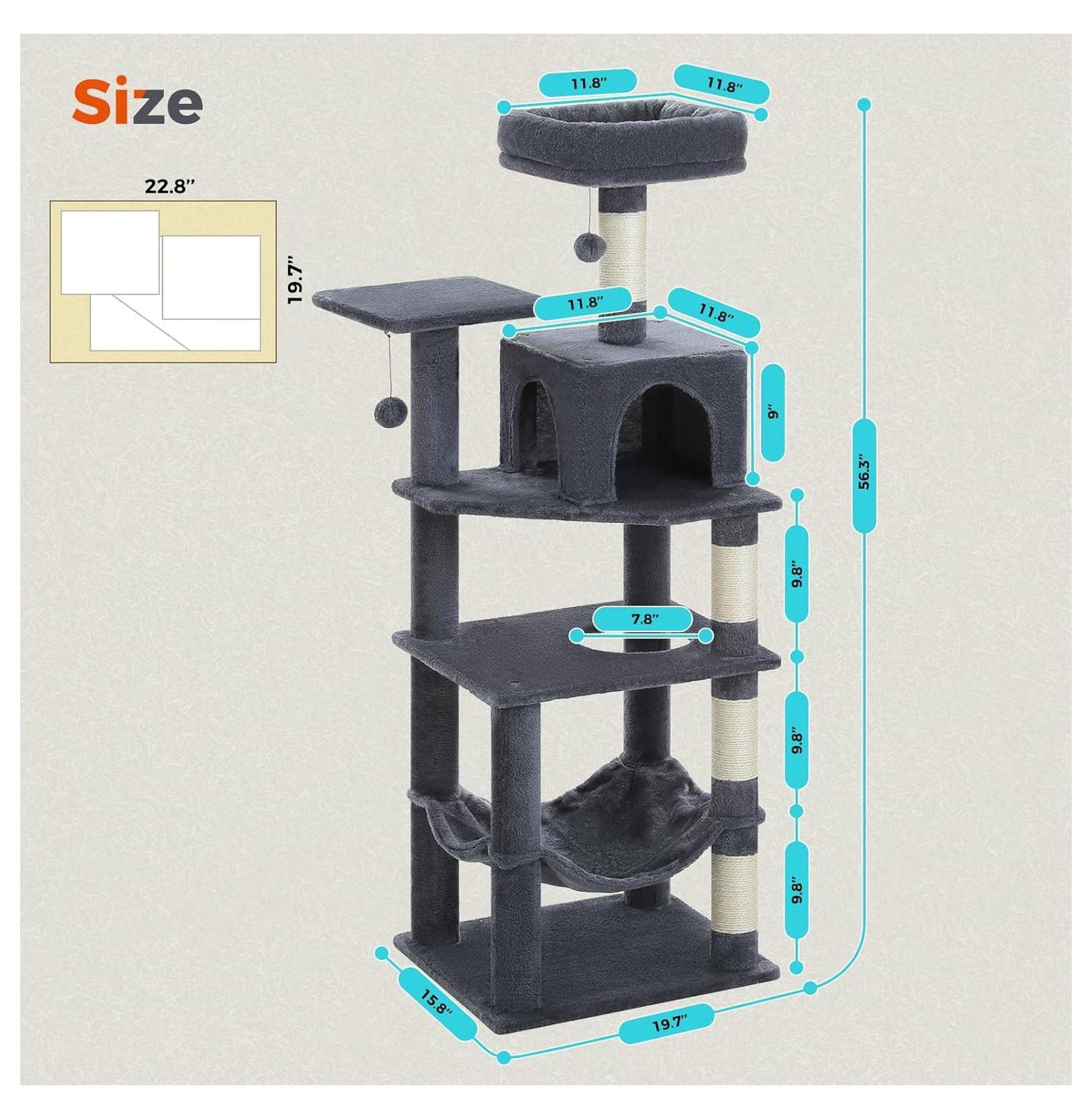 Cat Tree 56.3'' Multi-Level Tower, 2 Top Perch Cat Condo with Scratching Posts, Smoky Grey