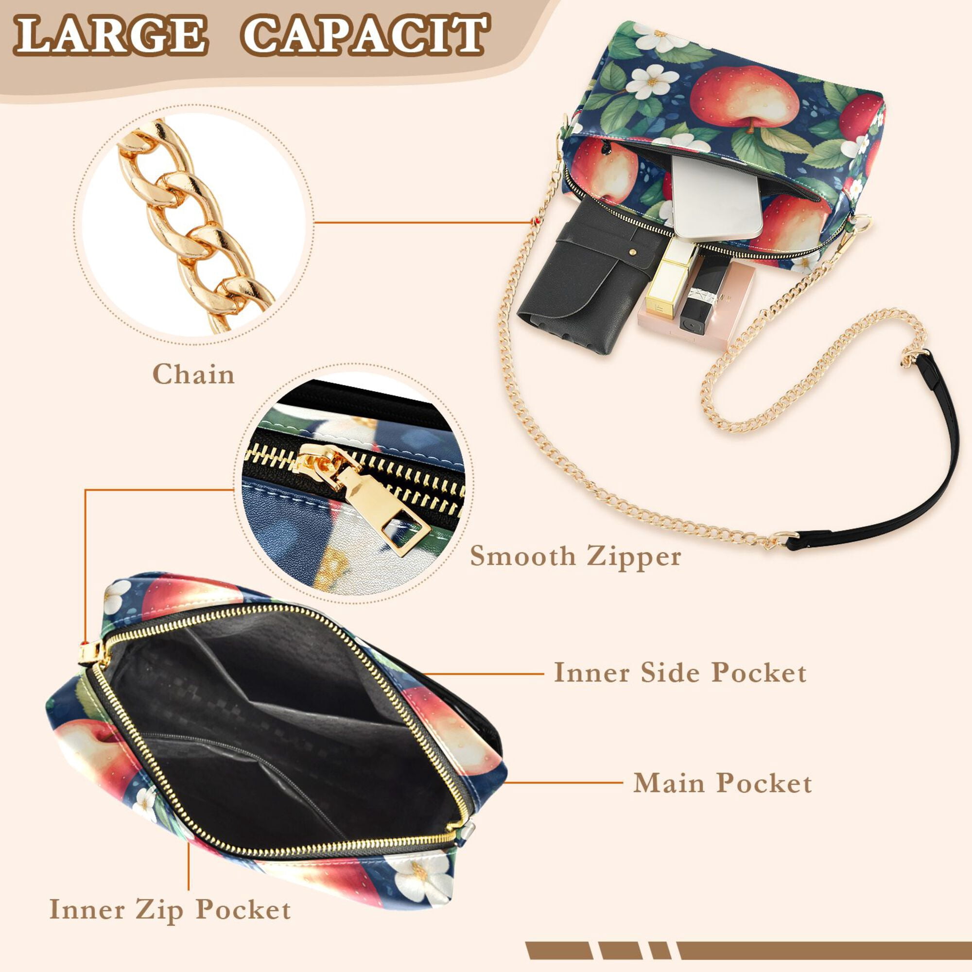 FORMRS Women Crossbody Purse with Chain Strap Vegan Leather Shoulder Handbag, Blue Apple Pattern