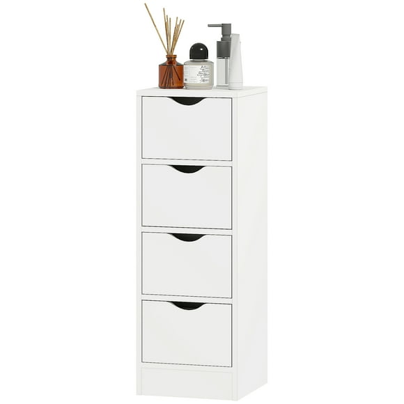 CoSoTower 4-Drawer Bathroom Cabinet, Freestanding Narrow Storage Cabinet with Groove Handles for Small Spaces, White