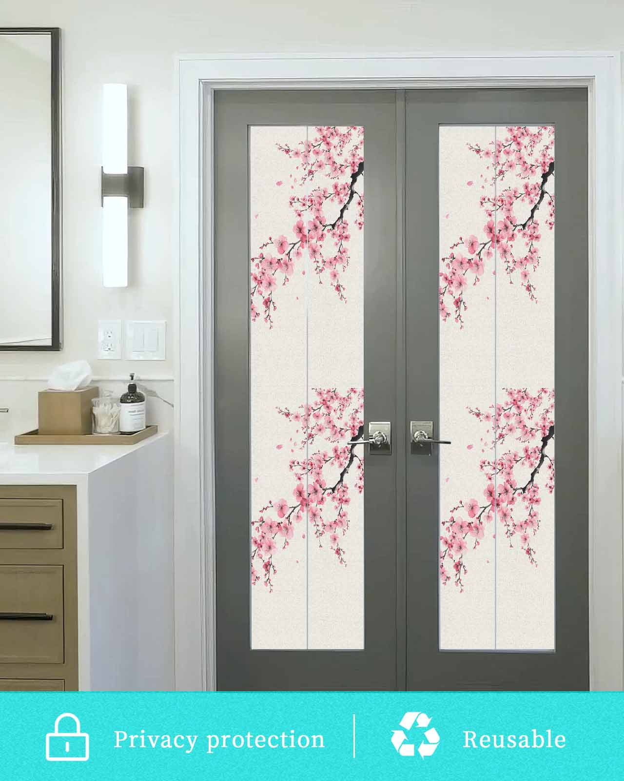 Window Privacy Film Cherry Blossoms Stained Glass Window Film Decorative Sun Block Window Cover Pink Flower Floral Spring Nature Country Window Clings Static Adhesive Sticker for Bathroom 17.7"x78.7"