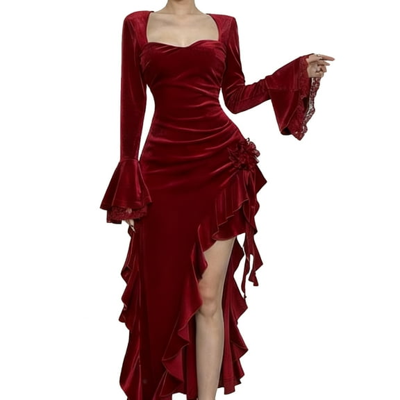 oqasdz Christmas Clothes Elegant Festive Square Neck Long Sleeve High Slit Evening Gown and Parties Irregular Hem Fashion Formal Dress