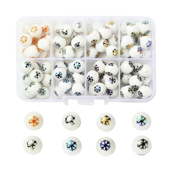 80Pcs 8 Colors Christmas Opaque Glass Beads Round with Electroplate Snowflake Pattern Mixed Color 10mm Hole: 1.2mm