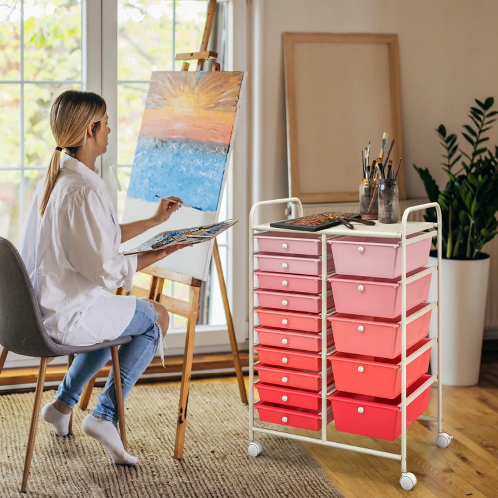 Spaco 15-Drawer Utility Rolling Organizer Cart Multi-Use Storage-Gradient Pink, Craft Organizers and Storage, Multipurpose Organizer Cart for Home, Office, School