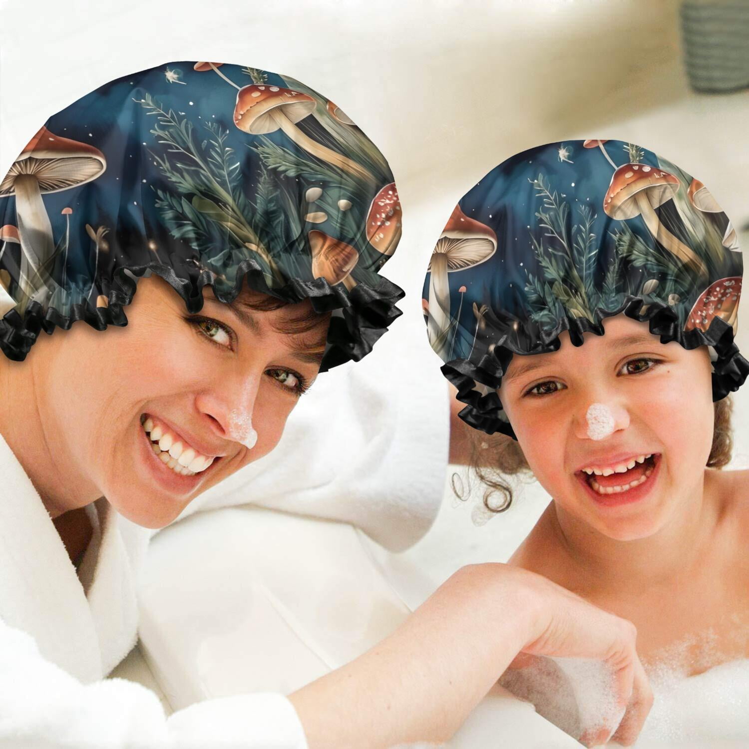 Shower Caps,Colorful Mushroom Eye Black Pattern Waterproof Shower Cap for Women 4 Pieces,Double Reusable Hair Cover for Shower PEVA Elastic Stretch Hem