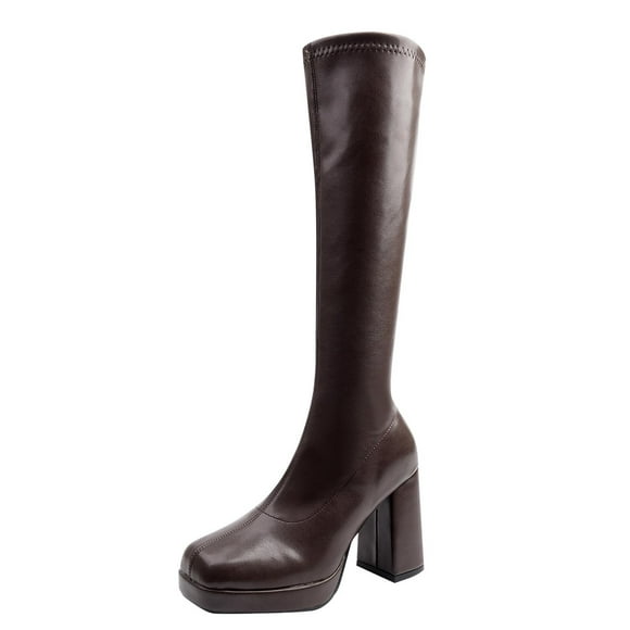 Lovzfmll Knee High Boots Women, Plus Size Mid Calf Chunky Heel, Chunky Mid Heel Square Toe Leather Boots Casual Fall Brown Boots