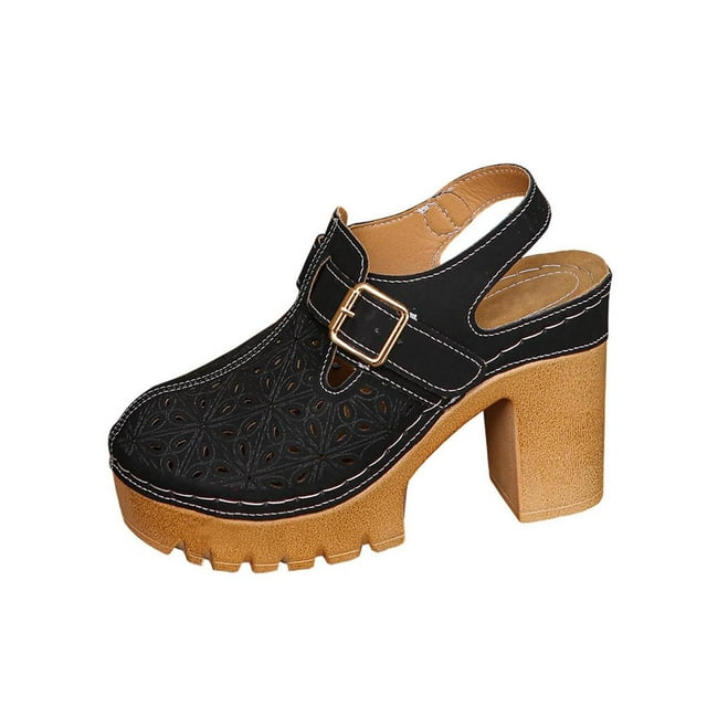 Black Ladies Closed Toe High Heel Sandals With Chunky Heel For Warm Weather Style And Leisure Activities