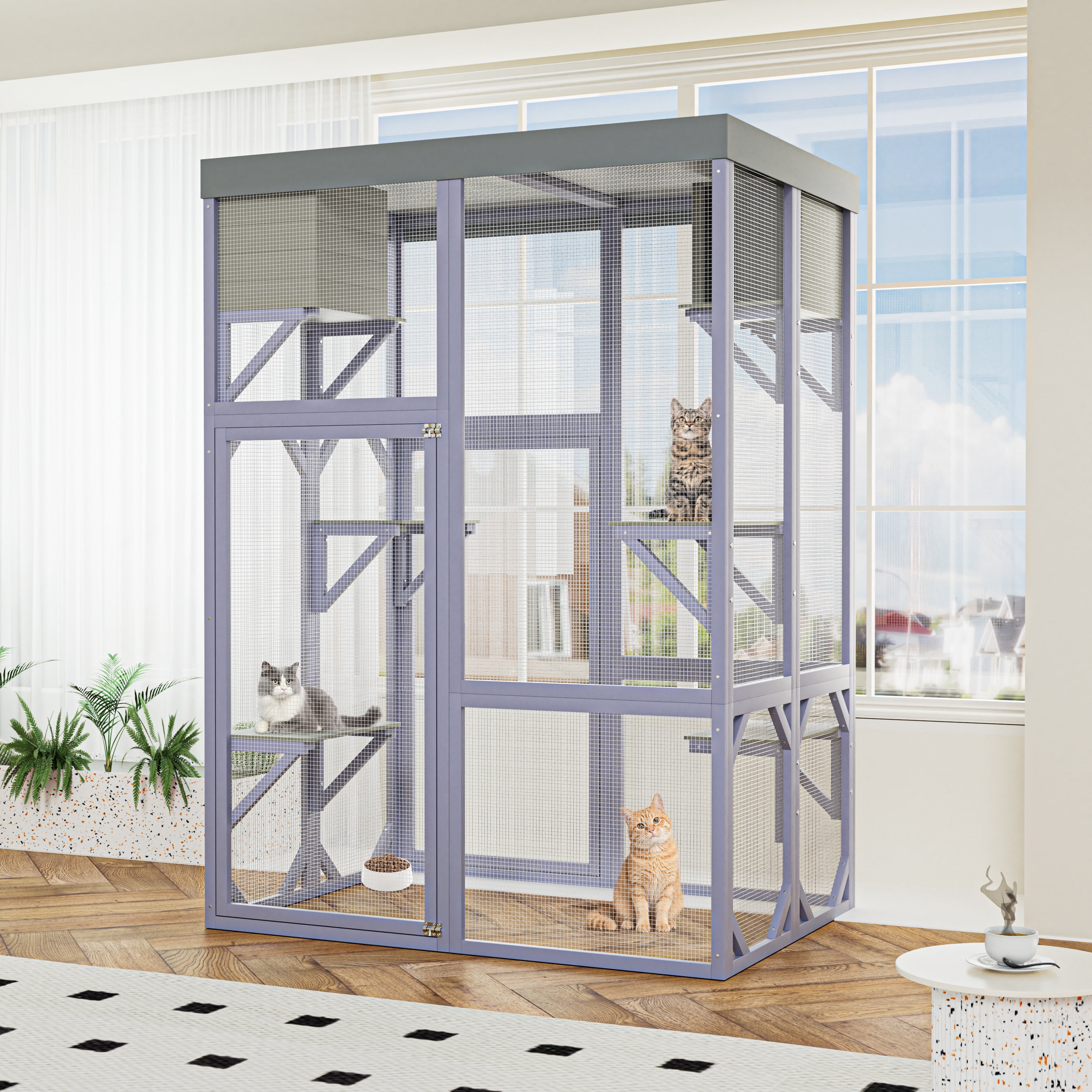 ZephyPaws Large Catio Outdoor Cat Enclosure Window Access,Wooden Kitty Cage with Resting Room & 4 Platforms for Multiple Feral Cats,Cat House Attached to Window,Pet Door for Patio Indoor