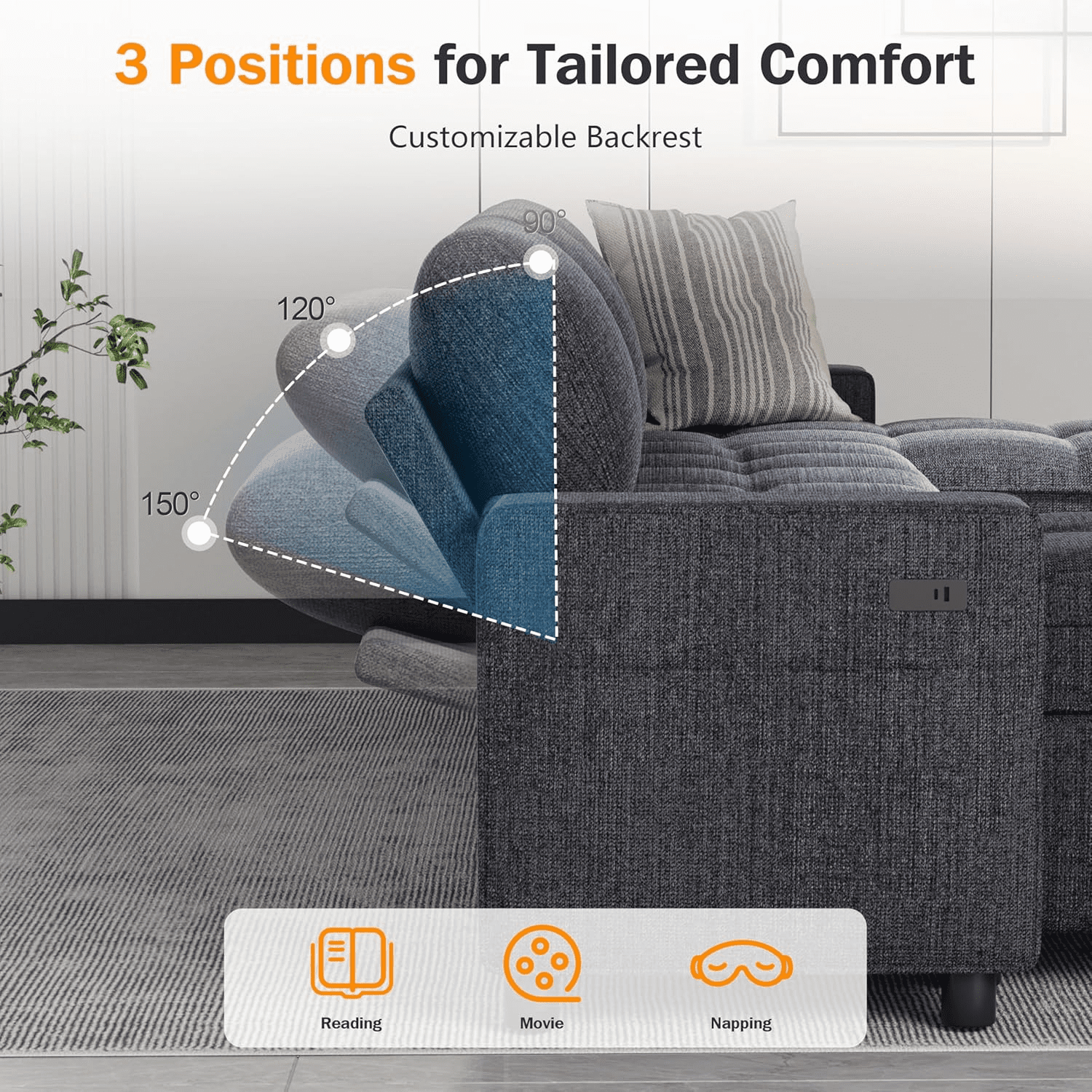 Sunny Heart Modular U - Shaped Chenille Sleeper Sofa with Pull - Out Bed, USB Ports, Adjustable Backrest & 2 Storage Seats, Tool - Free Assembly, Dark Grey for Living Room