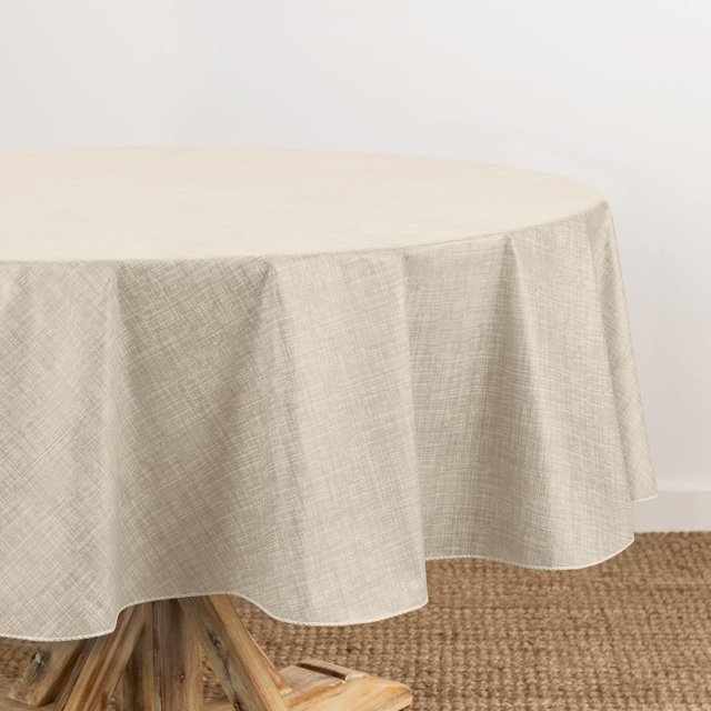 Mantel de Vinilo Inspirado en Lino Resistente al Agua y a Las Manchas con Respaldo de Franela, 70 x 70 Pulgadas, Redondo, Marfil