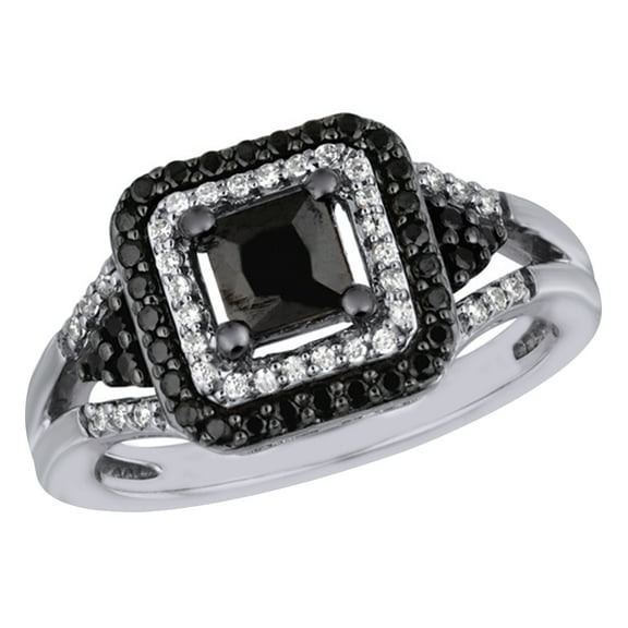 AFFY Black &White Natural Diamond Double Square Frame Engagement Ring in 10k White Gold