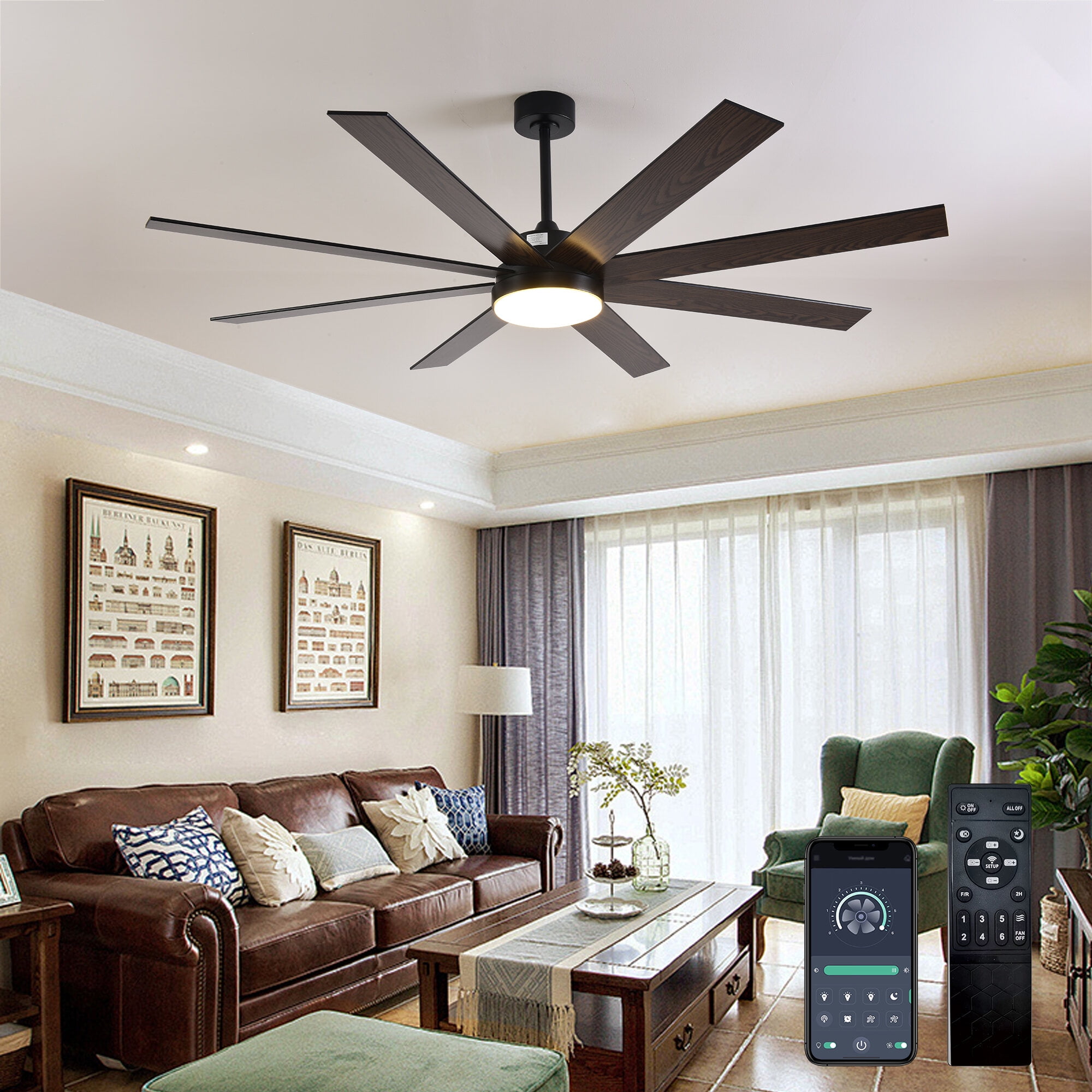 Electric Fans 72" Ceiling Fan with Light, 6-Speed Remote Control, Reversible DC Motor, Modern 8 Blades with 6"/12"/19.5" Downrods for Home or Commercial Black/Walnut,Ceiling Fans