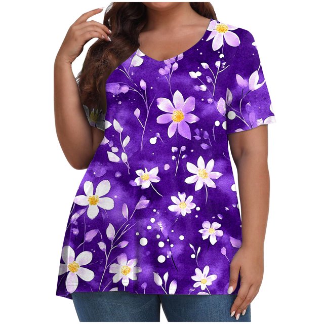 Pisexur Hauts pour Femmes, Hauts d'Été pour Femmes, Hauts Grande Taille pour Femmes, Hauts pour Dames Mode Été Aguichant Imprimé Manches Courtes Col Rond Multicolore, 2TG