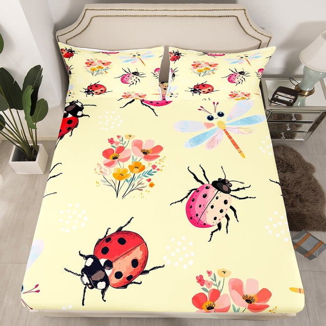 Erosebridal Drap-Housse pour Enfants à Motif de Coccinelle, Format Double, Draps Rouges et Roses avec Coccinelles pour Garçons, Filles et Ados, Draps à Imprimé de Libellules Mignonnes, Ensemble de Literie Esthétique à Motifs Floraux, Jaune (Sans Drap du Dessus)