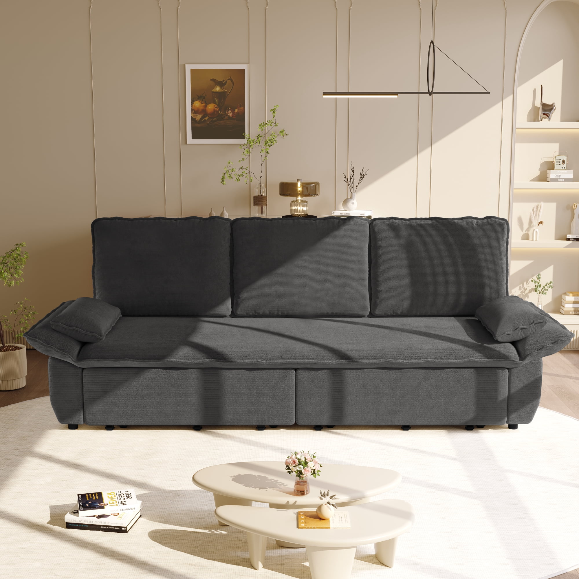 Leumius 94.5" Pull Out Sofa, King Size 3-in-1 Convertible Sleeper Sofa Bed, Multi-Functional Corduroy Bed for Living Room Bedroom Grey