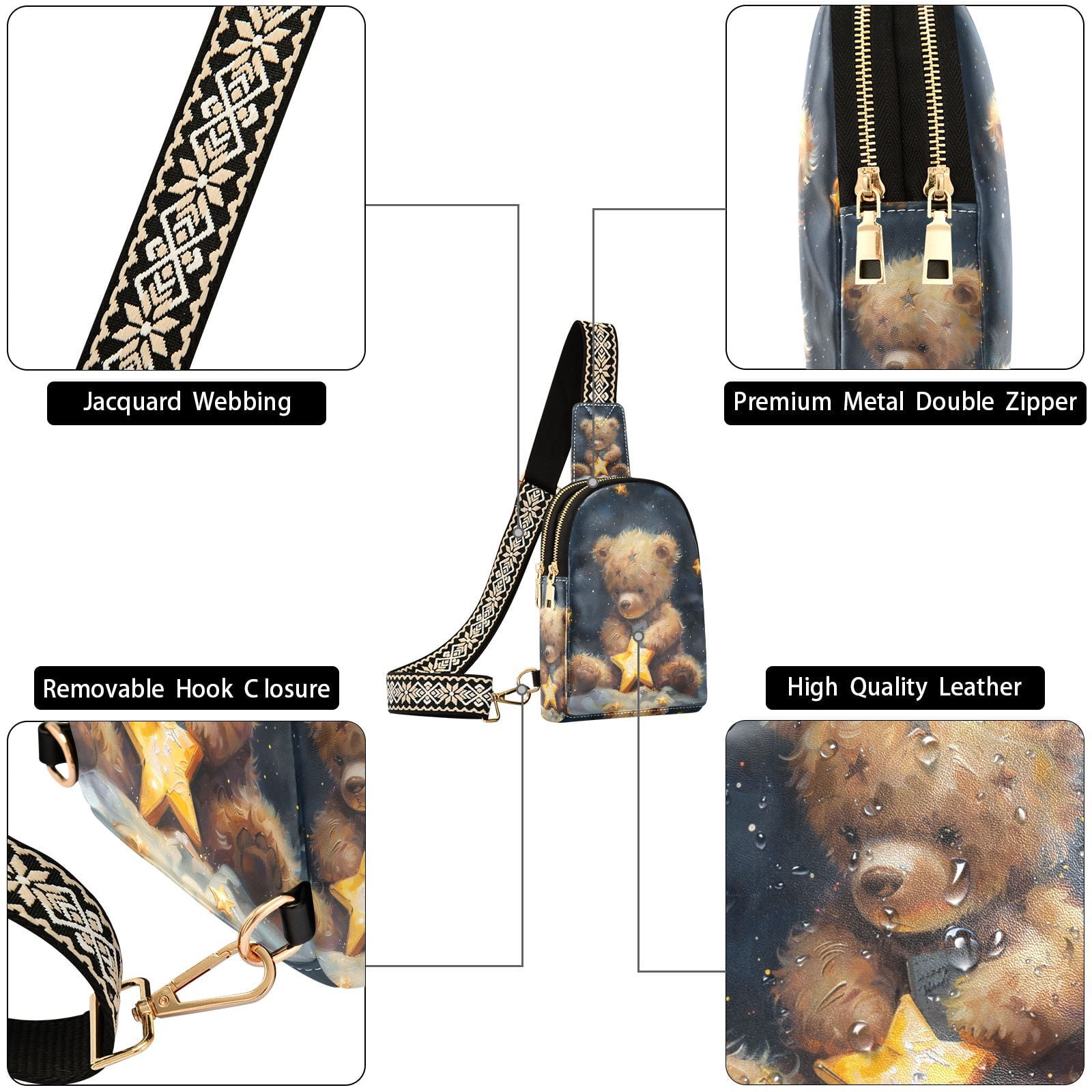 Stars Teddy Bear Crossbody Bags Fanny Pack Sling Bag for Travel Chest Bag Shoulder Bag for Women Trendy