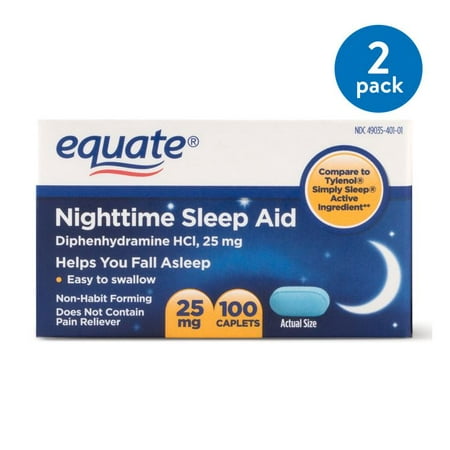 - (2 Pack) Equate Nighttime Sleep Aid Diphenhydramine HCl Caplets, 25 mg, 100 Ct