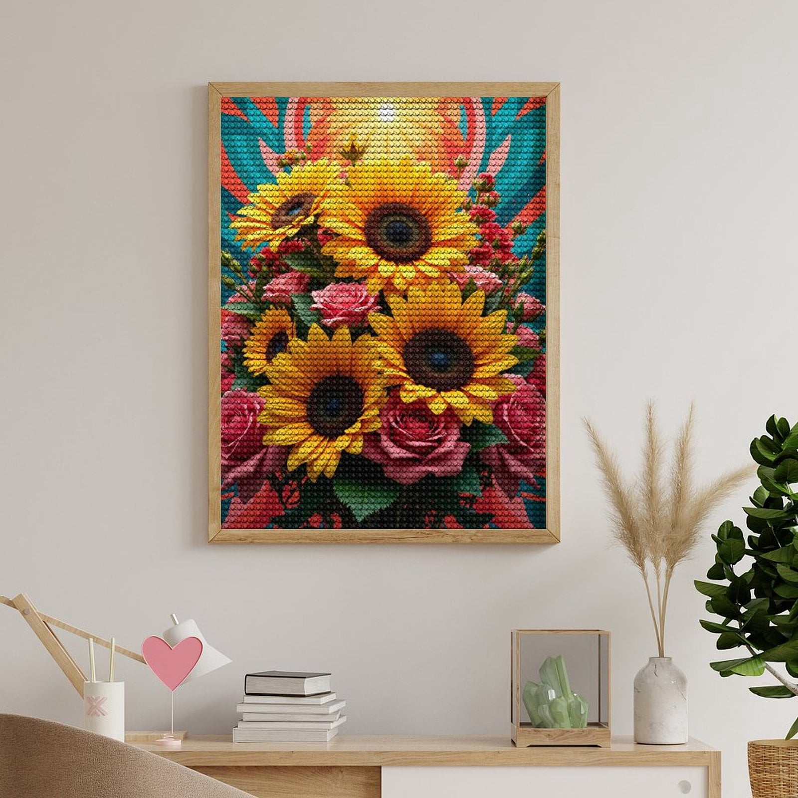 Diamond Art Kits for Adults, Sunflowers Roses Bouquet Art Deco 5D Diamond Painting Kits for Adults Beginners, DIY Full Drill Diamond Painting, Gem Art and Crafts 12x16