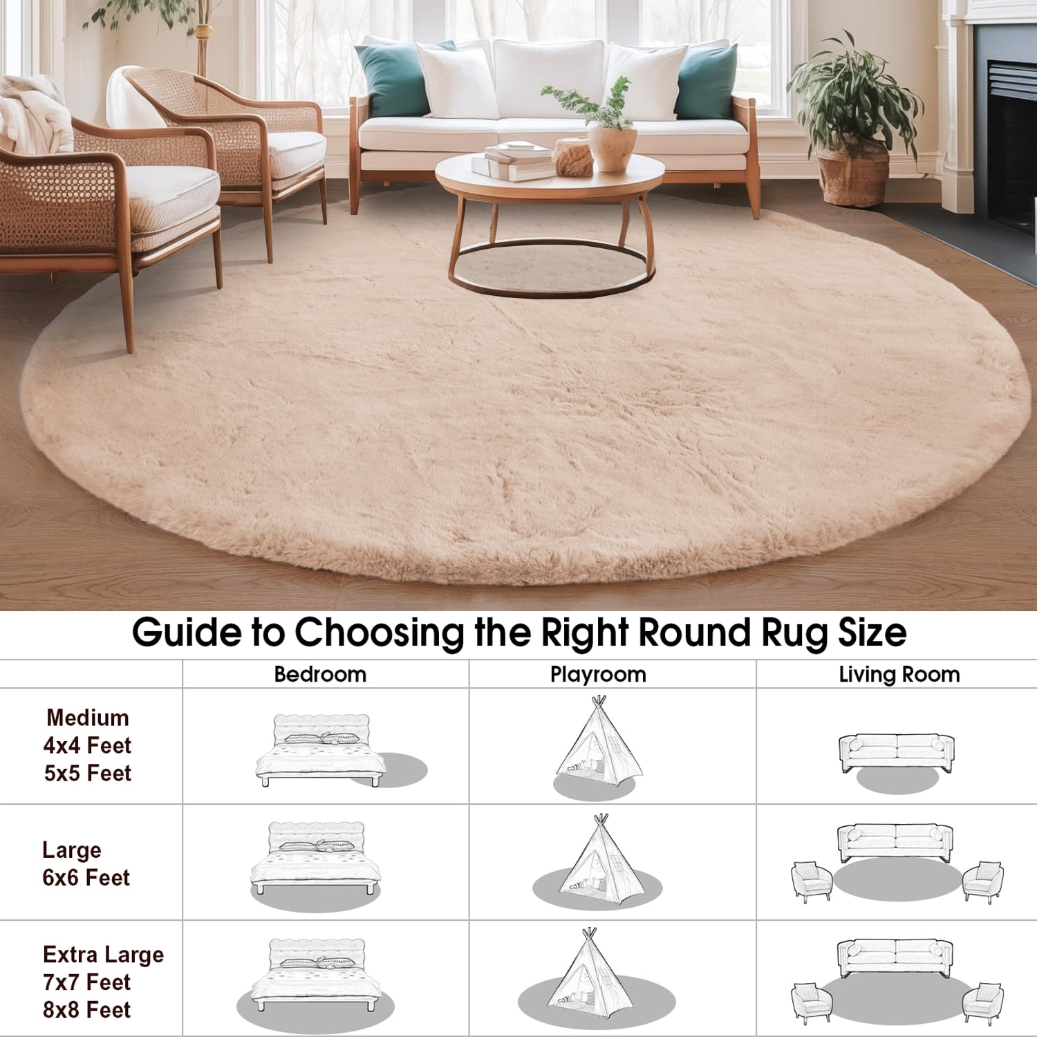 Goolela Round Rug 8ft Faux Rabbit Fur Rug Fluffy Rug for Bedroom Light Brown Area Rug Fluffy Circle Rug Fuzzy Large Area Rug for Living Room