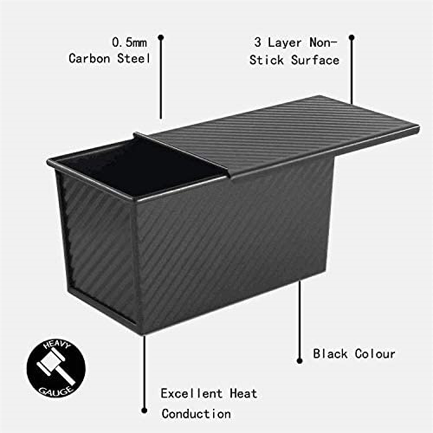 Kepooman Kitchen Carbon Steel Toast Box with Lid for Baking Bread, Black Kepooman Kitchen Carbon Steel Toast Box with Lid for Baking Bread, Black