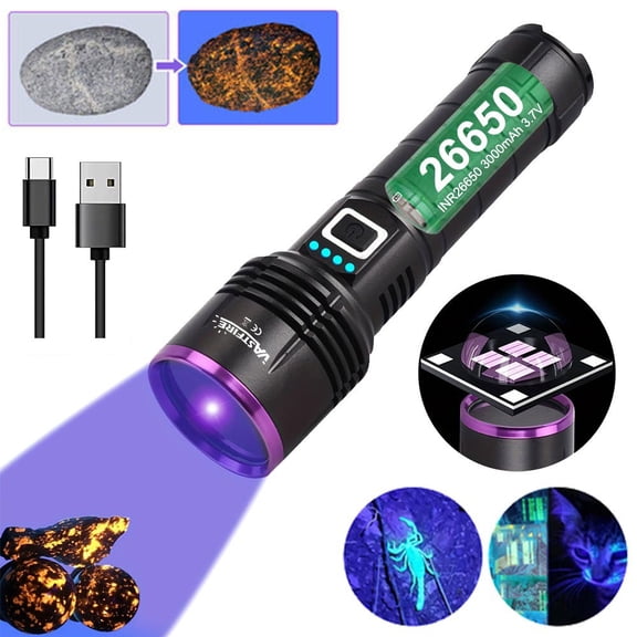 30W 365nm UV Blacklight Flashlight USB Rechargeable Torch for Pet Urine & Scorpion Detection