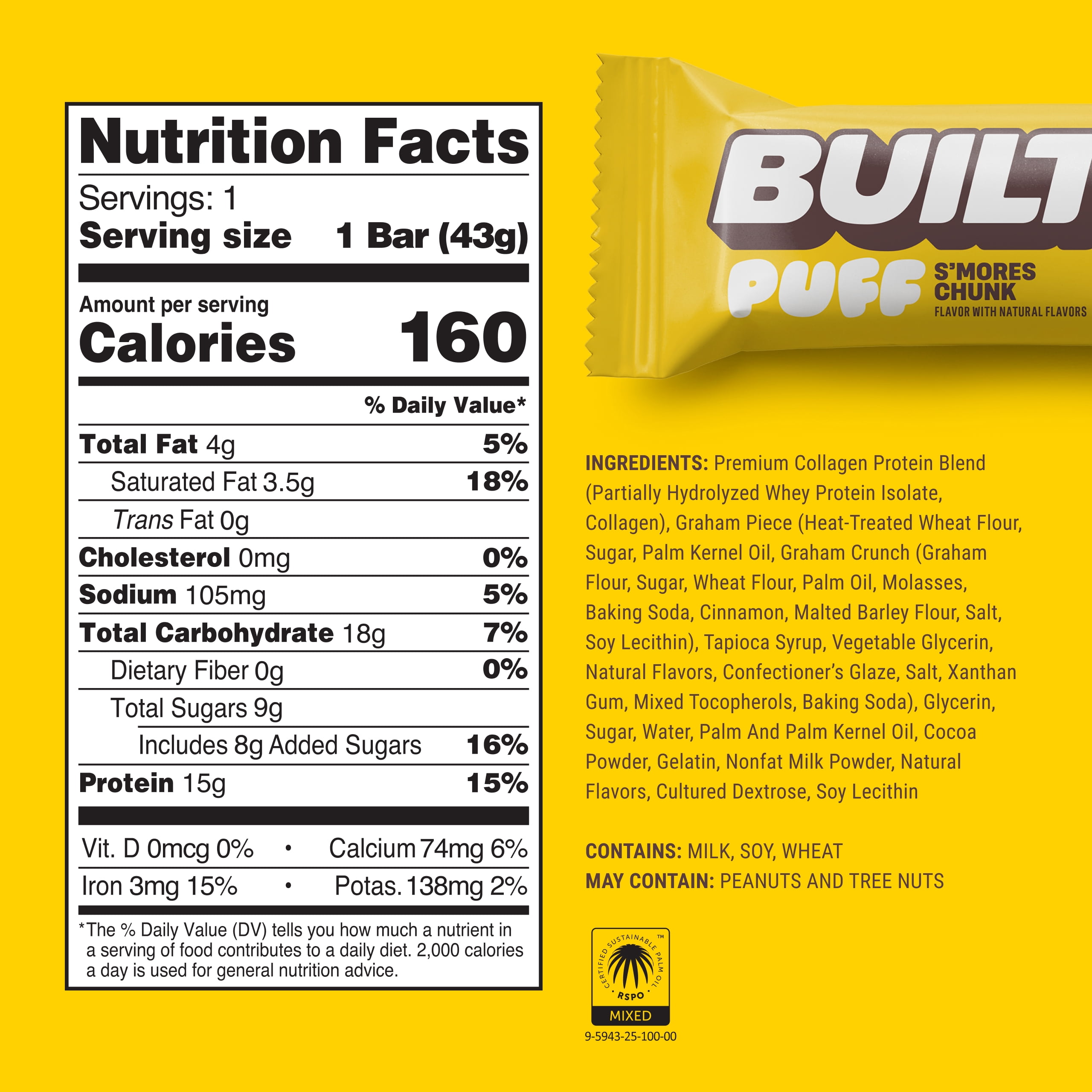 BUILT Puff Protein Bar, S'mores Chunk, 15g Protein, Collagen, 160 Calories, Single 1.52 oz Bar