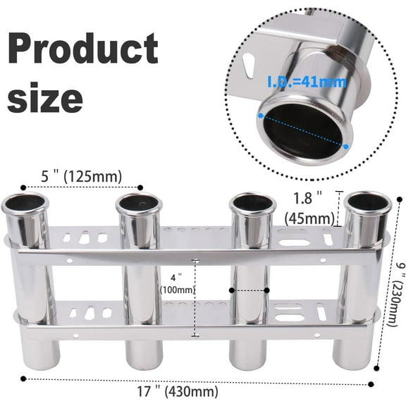 Marine Grade Stainless Steel Fishing Rod Holder for Boat, Wall Mounted 4 Tube Rod Rack